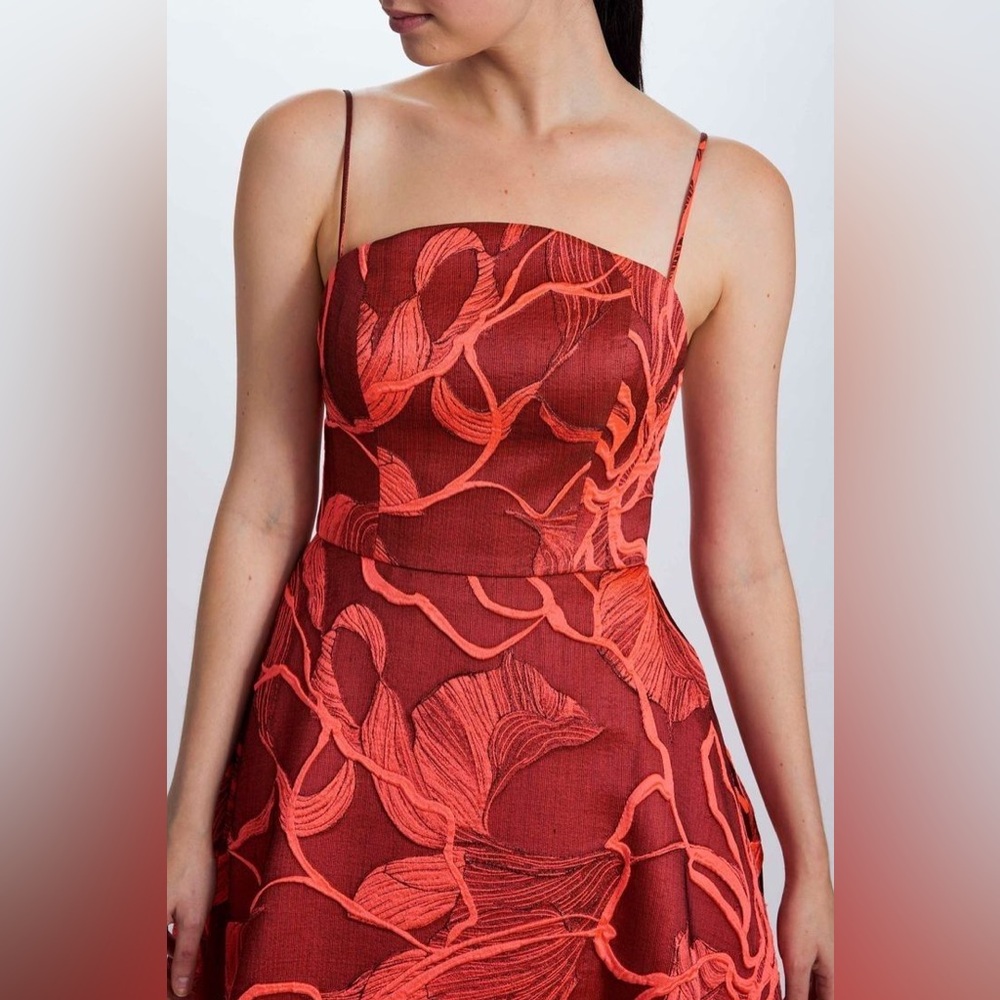Amsale New Italian Fluorescent Floral Jacquard Gown In Coral Black Size 14 - Picture 2 of 16